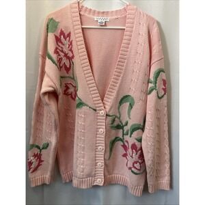Vintage Picone Sport Floral Cardigan Pink Green Button Front Knit Cottagecore